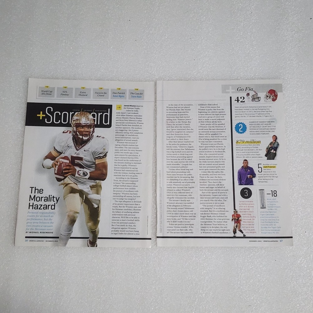 Jameis Winston Sports Illustrated 2013 2 page article & picture